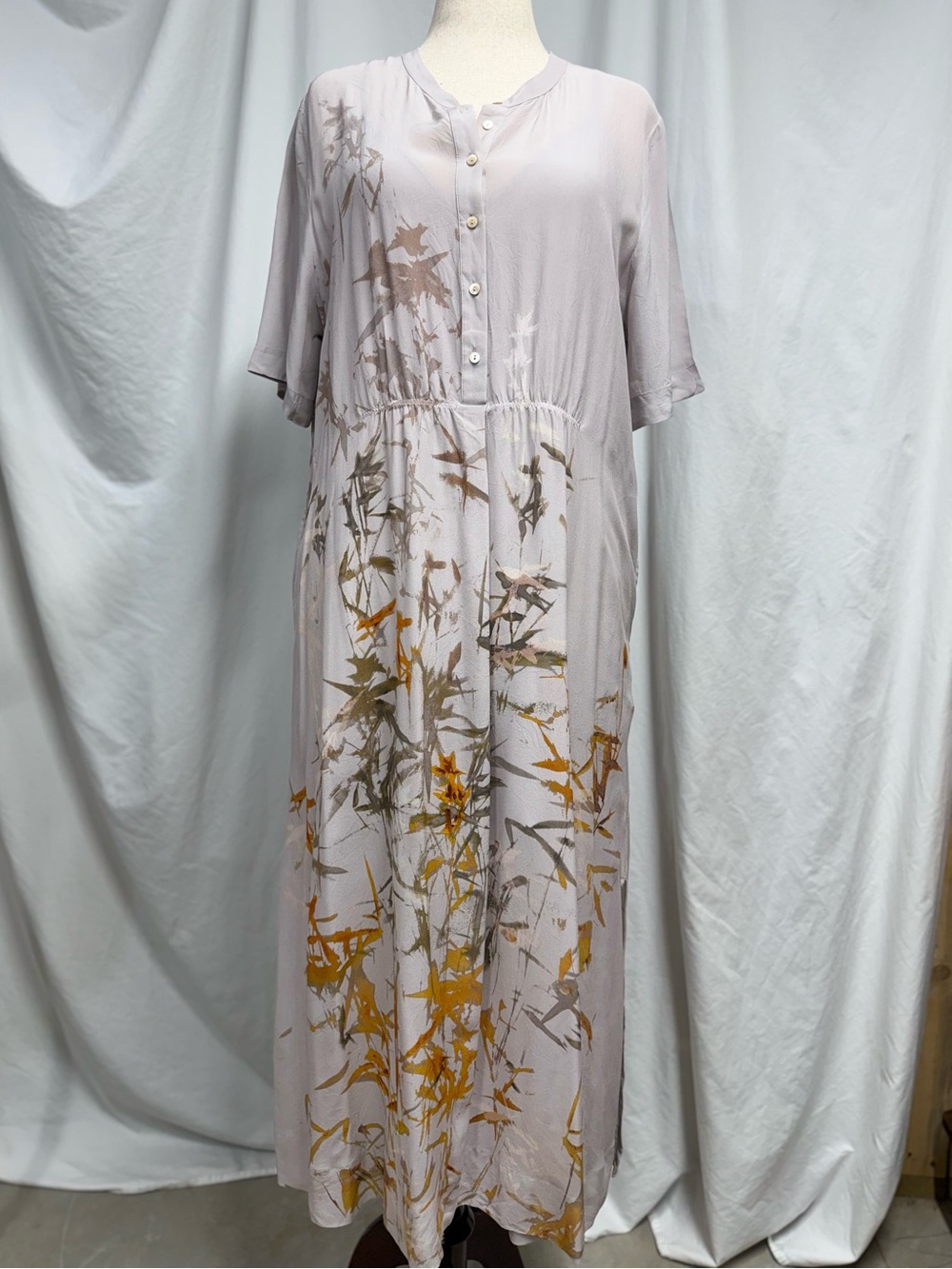 Light Gray 100% Silk Fall Floral-Print Maxi Dress with Button Front